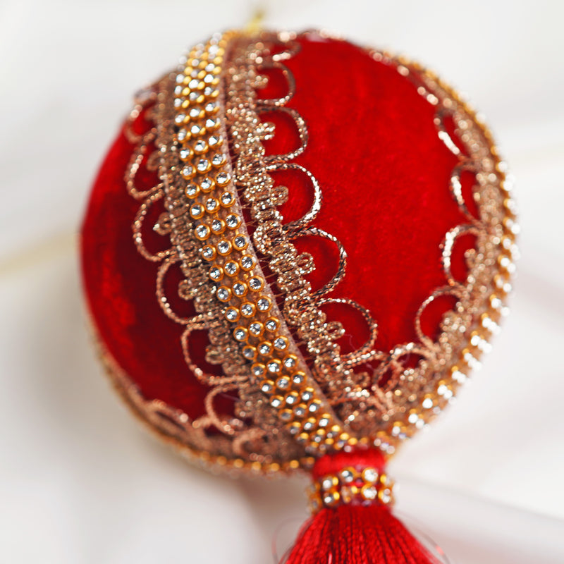Juego de 6 adornos de bola con borlas de terciopelo rojo y joyas de 10 cm