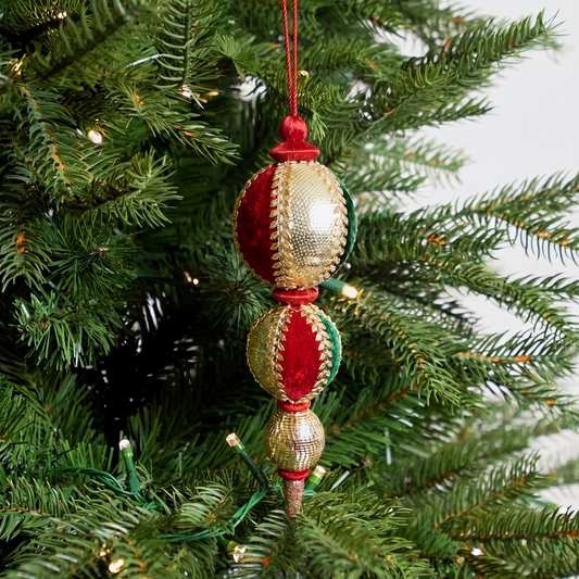 13" Red, Green & Gold Velvet Sequin Beaded Finial Ornament Set Of 4