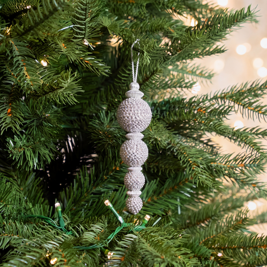 10" White & Silver Pearl Beaded Finial Ornament Set Of 8