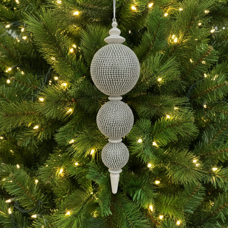 13" Silver Crystal Beaded Finial Ornament Set Of 4