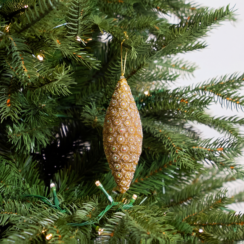 8" Gold Teardrop Ornament with Crystal Beaded Detailing Set Of 4