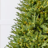 Green artificial Christmas tree with lights on a white background
