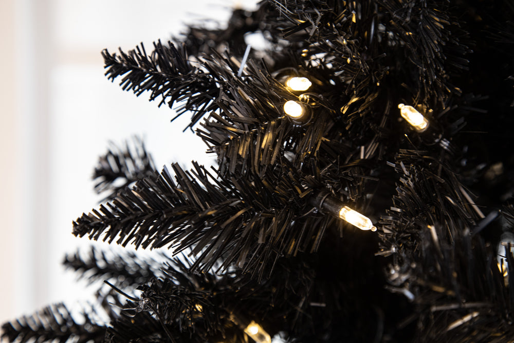 Black Tinsel Tree Pre-Lit Warm White LED Lights