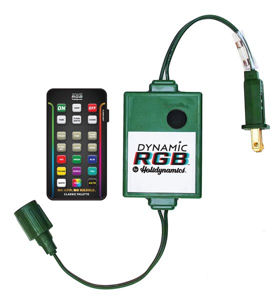 Control unit with remote control for RGB lighting system on a white background