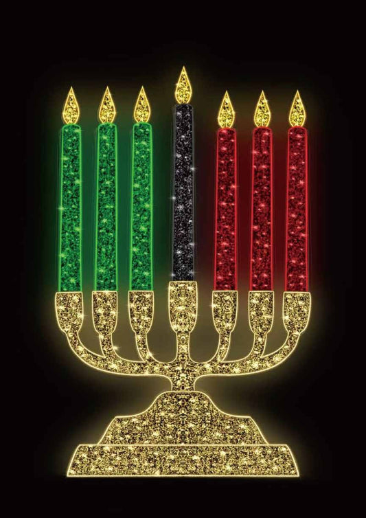 Decorative Kwanzaa kinara with seven candles on a black background