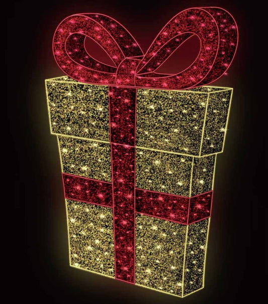 Decorative lighted gift box with a red bow on a black background