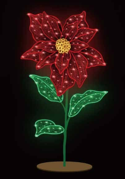 Decorative poinsettia flower with red petals and green leaves on a black background