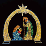 Decorative nativity scene with illuminated arch, star, and figures on a black background