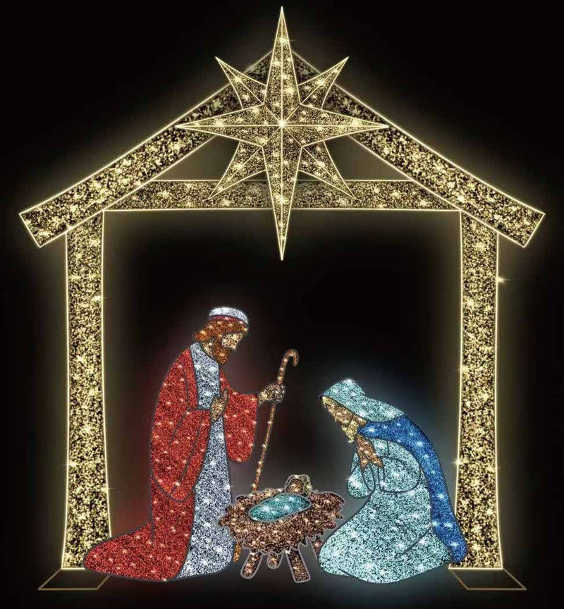Decorative nativity scene with glittery star and figures on a dark background