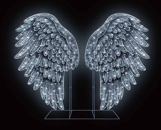 Decorative angel wings with LED lights on a black background