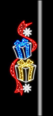 Banner para poste de cajas de regalo LED doradas y azules de 6 FT X 2 FT