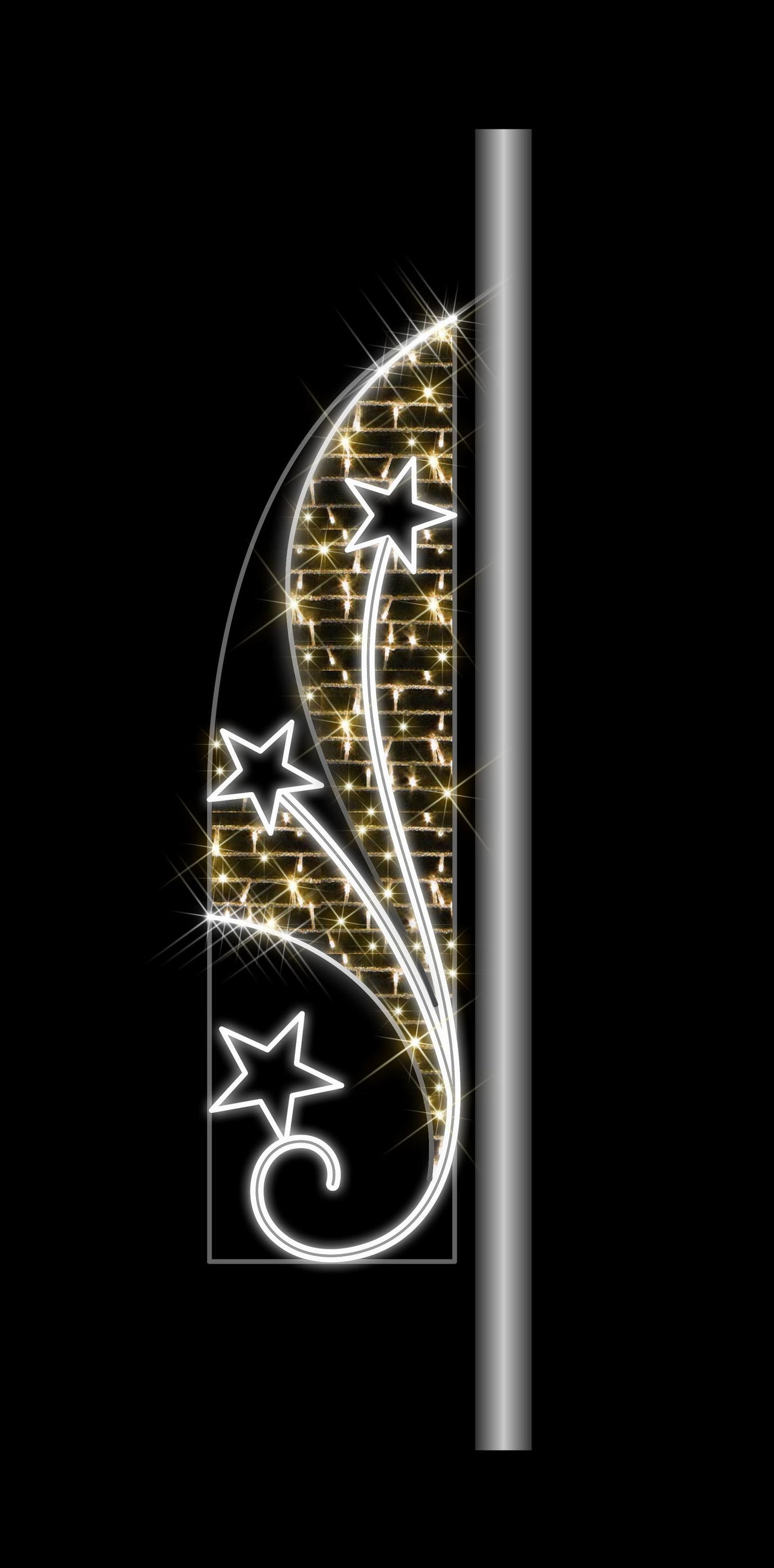 Decorative metal wall art with star and vine designs on a black background