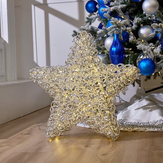 Estrella plateada de 2 pies con 100 luces LED blanco cálido