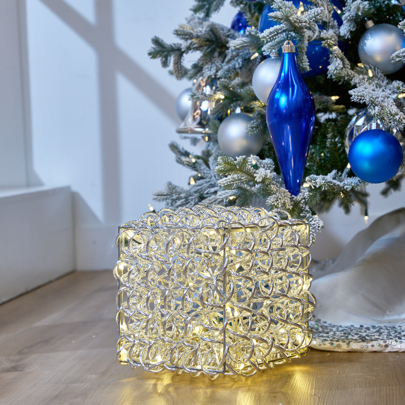 Cubo de plata de 11" con 100 luces LED blanco cálido