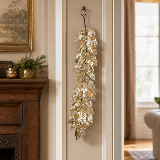 4 FT Champagne & Gold Glitter Beaded Fruited Magnolia Garland