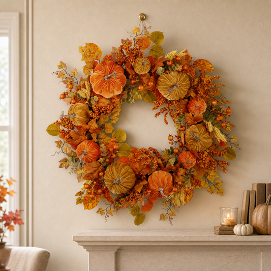 30" Velvet Pumpkin & Berry Wreath