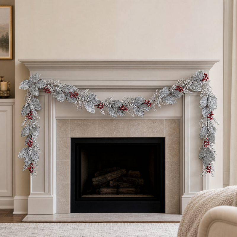 5 FT Snowy Berry Leaf Magnolia Garland
