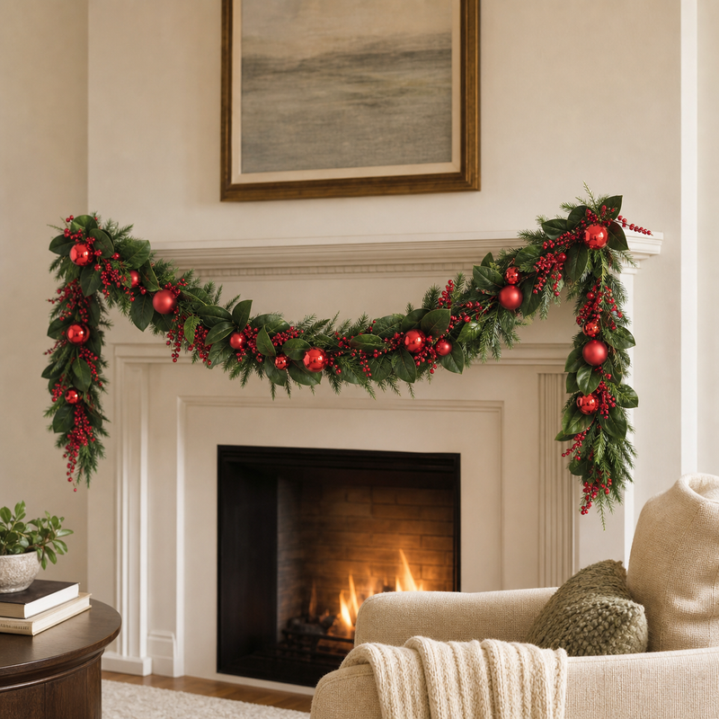 6 FT Red Berry Garland With Ornaments