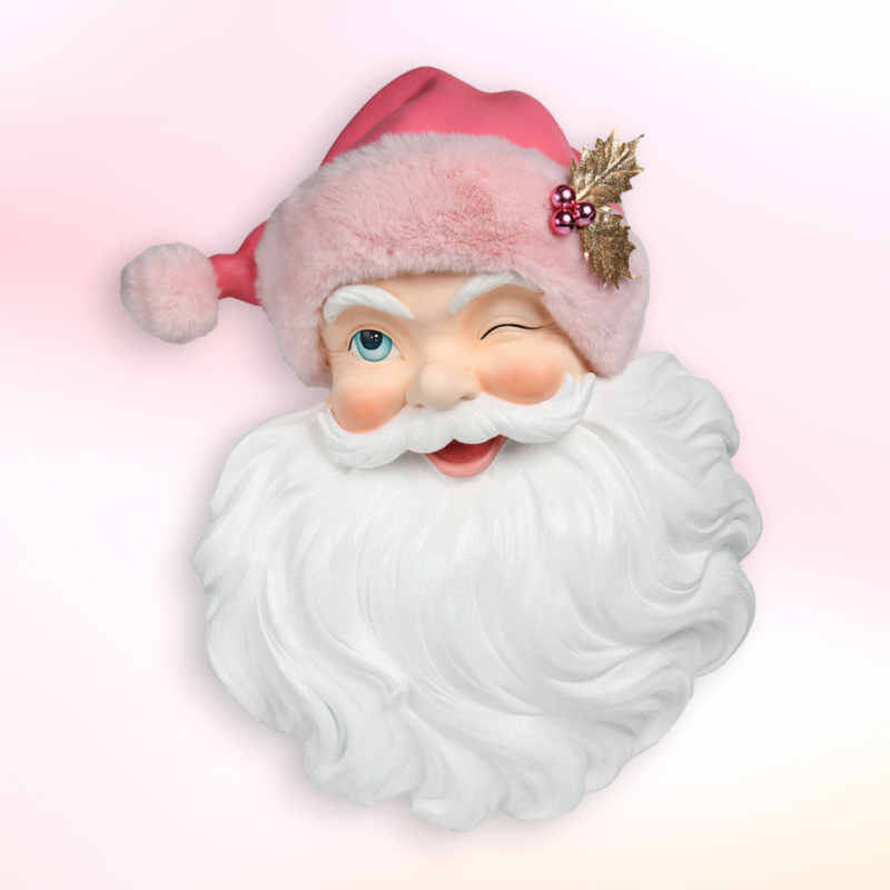 Decorative head of a character with a pink hat and white beard on a light pink background