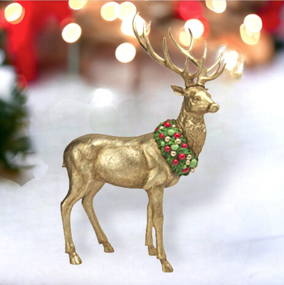 24.5" Gold Standing Deer With Wreath