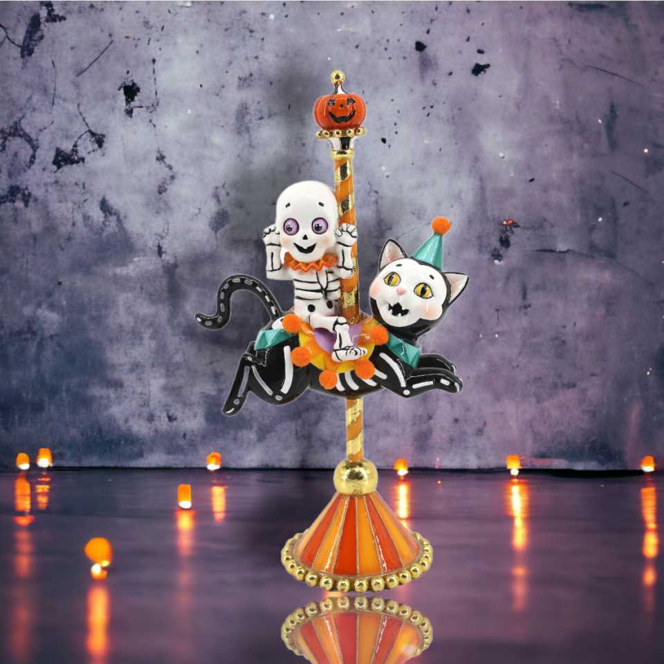 11" Multi Skeleton On Cat Carousel & Pumpkin