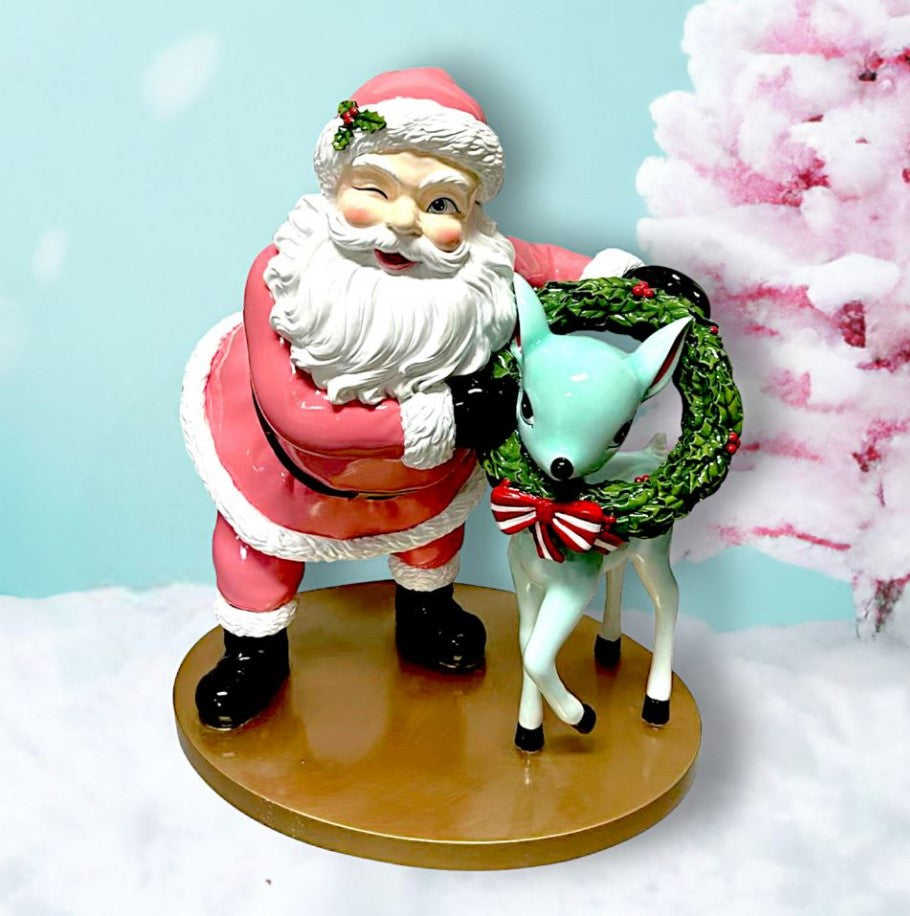 18" Pink Retro Santa With Deer