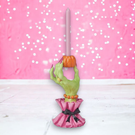 10" Left Witch Hand Candle Holder With Orange Pumpkin