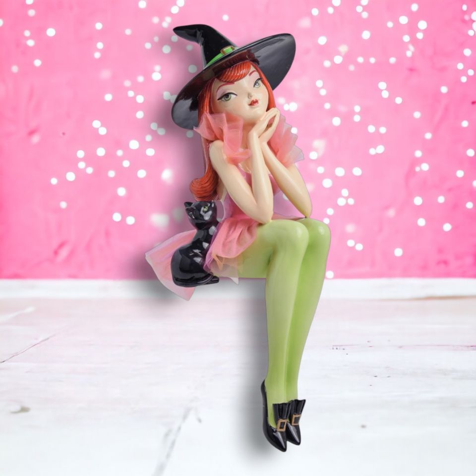 23" Shelf Sitting Witch With Black Cat