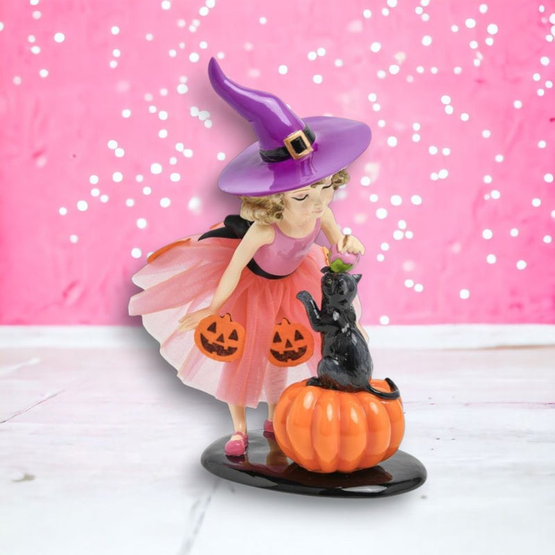 12" Witch Girl With Black Cat & Pumpkin