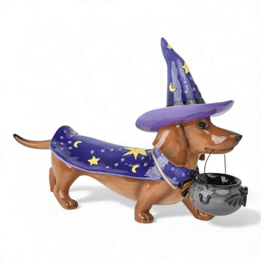 2 FT Purple Wizard Dachshund With Witch Hat & Basket