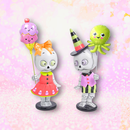 13.5" Skeleton Summer Kids With Balloons Set Of 2