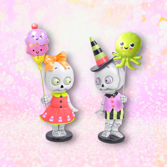 13.5" Skeleton Summer Kids With Balloons Set Of 2