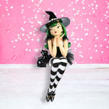 2 FT Green Hair Witch Shelf Sitter With Black Cat