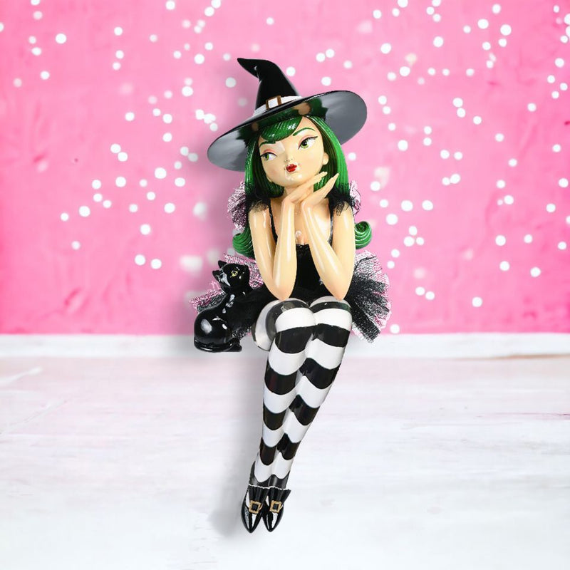 2 FT Green Hair Witch Shelf Sitter With Black Cat