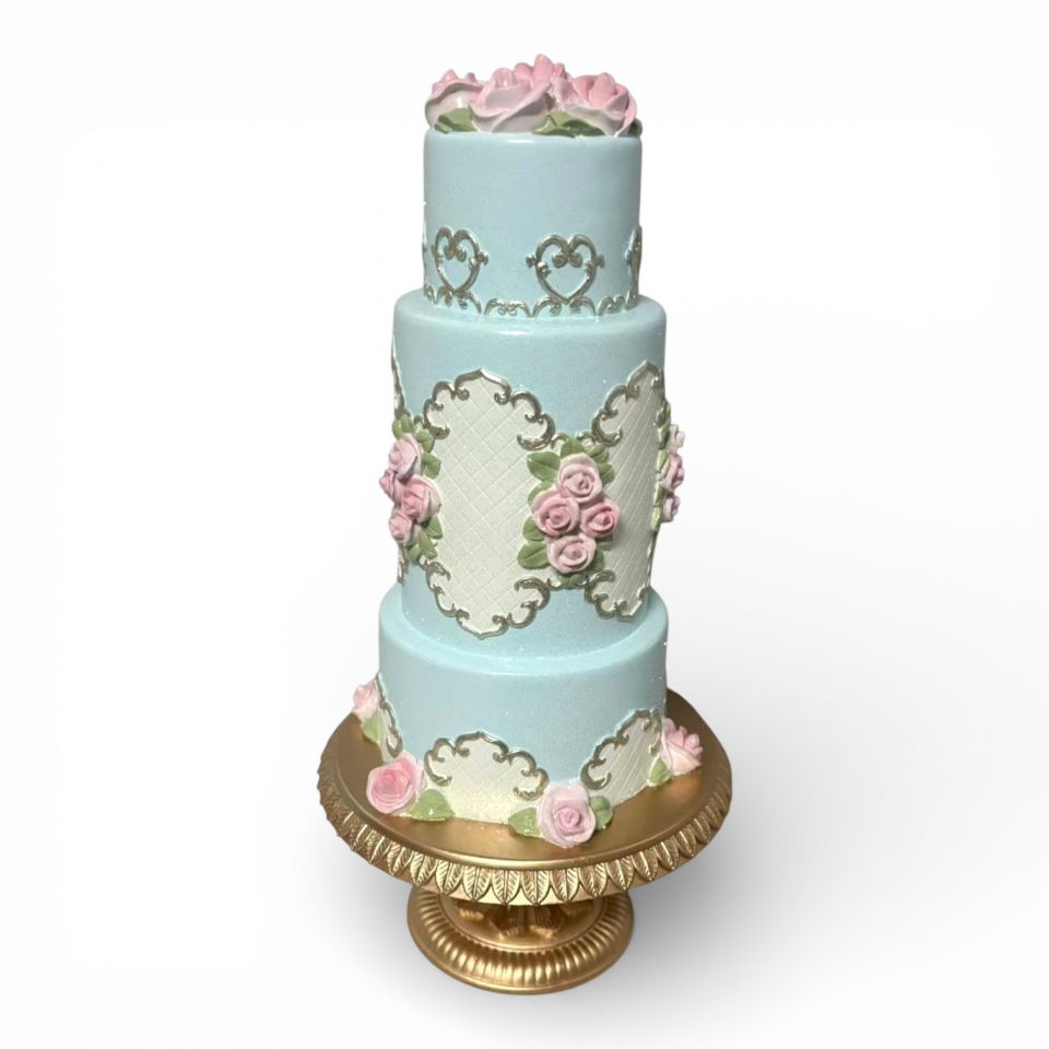 18" Marie Blue Tiered Cake On Gold Stand