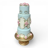 18" Marie Blue Tiered Cake On Gold Stand