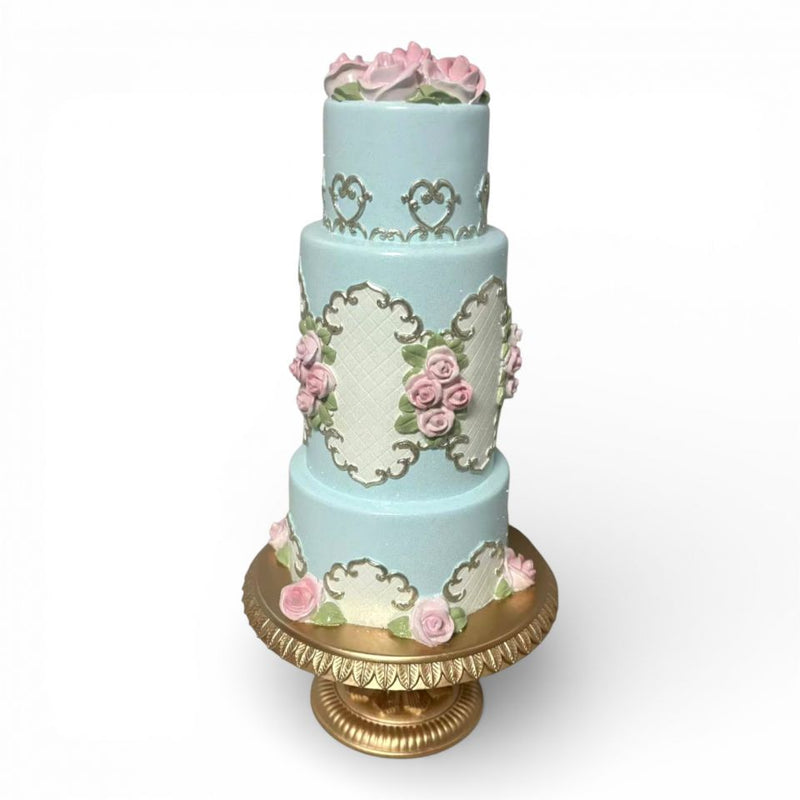 18" Marie Blue Tiered Cake On Gold Stand