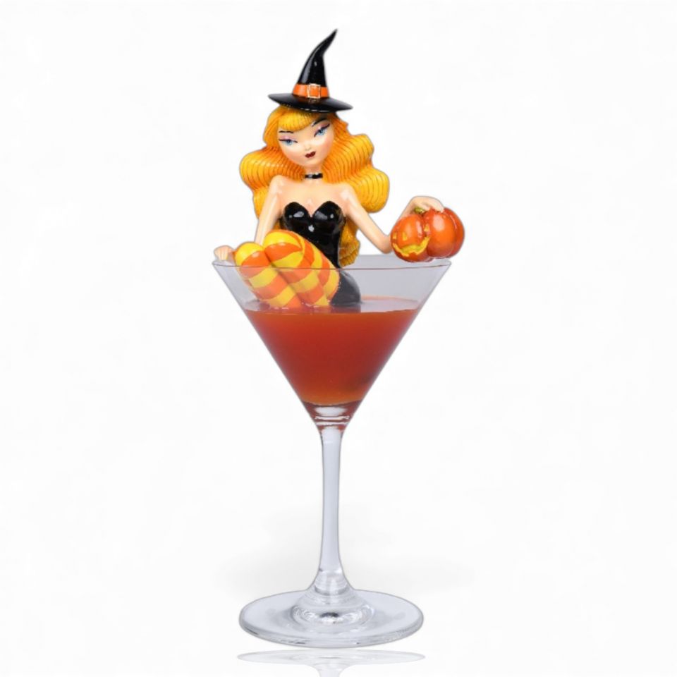 10" Orange Hair Witch In Martini Glass