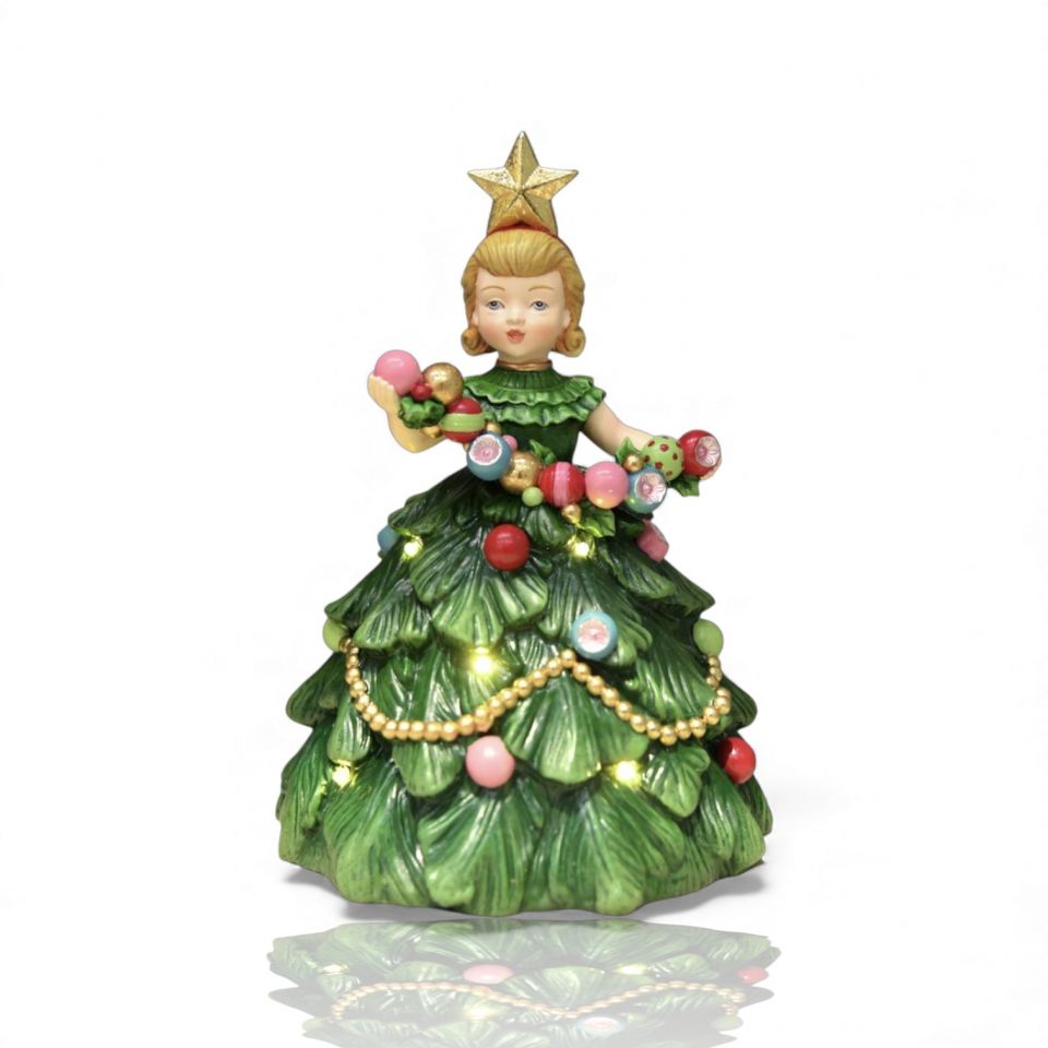 8" Vintage Christmas Tree Girl With Star Headband