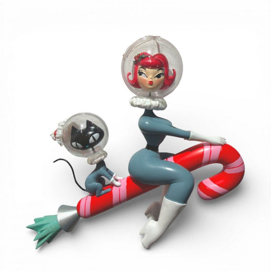 6" Space Girl With Cat On Candy Cane Rocket