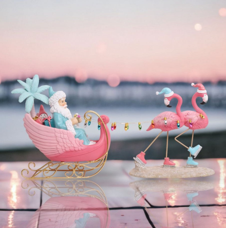 Coastal Santa In Sled With Flamingos