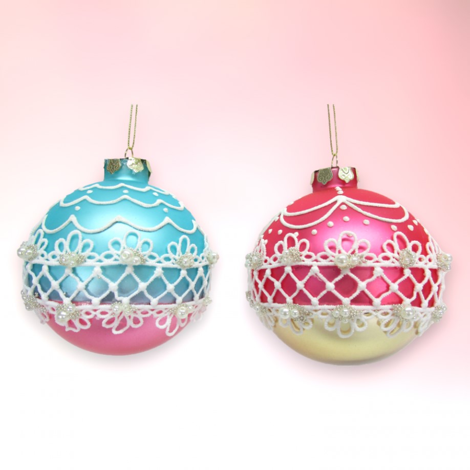 Pink & Aqua Decorated Ball Ornaments Assorted Set Of 2