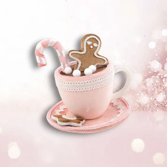 9" Pink Teacup With Gingerbread & Candy Cane Ornament
