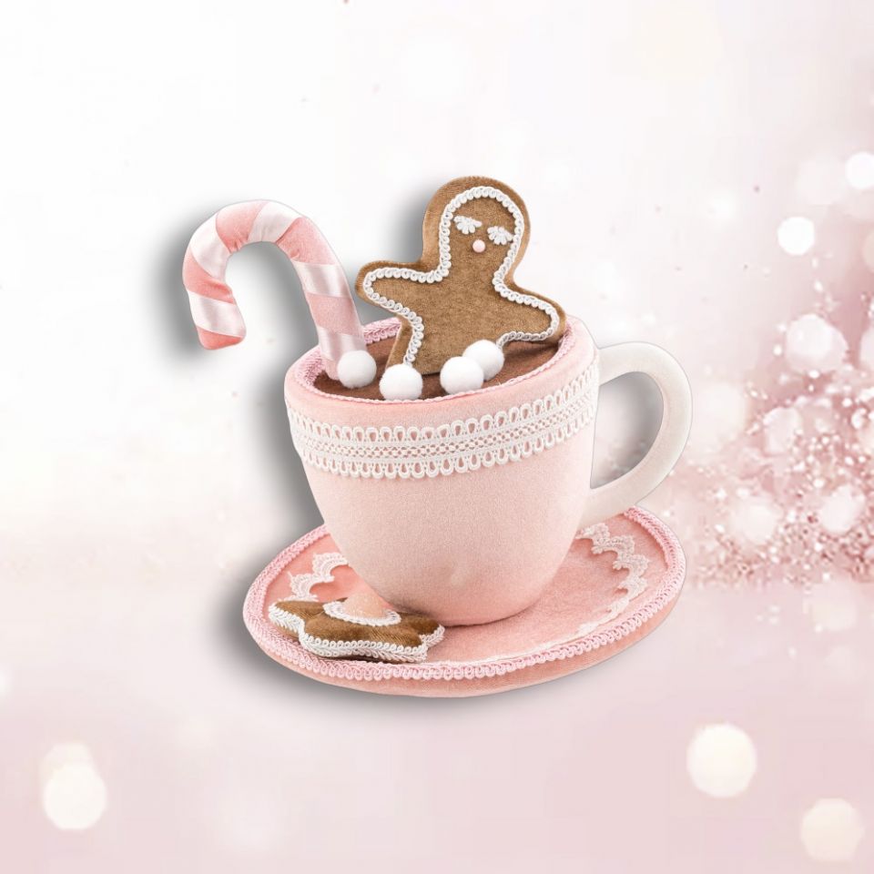 9" Pink Teacup With Gingerbread & Candy Cane Ornament