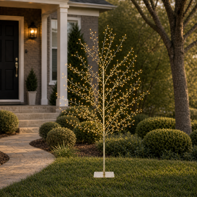 Microárbol de 5 pies y 1350 luces LED blanco cálido con tronco dorado