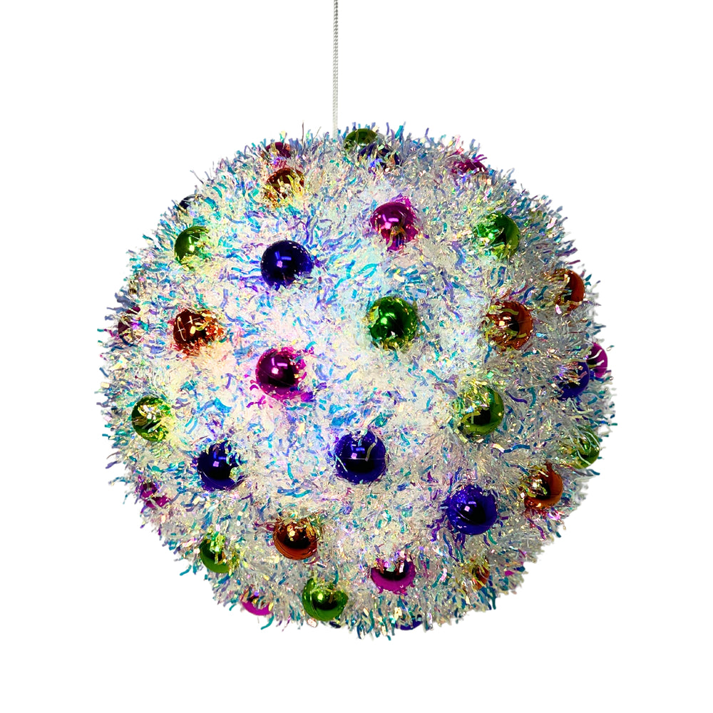 10" White Iridescent Tinsel Ball Ornament