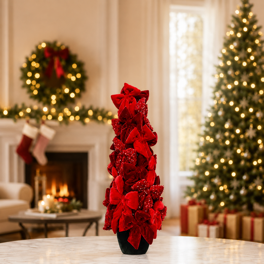 28" Red Velvet Sequin Bow Topiary Potted Tree