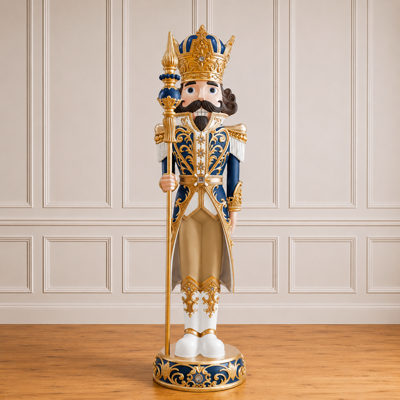 Decorative nutcracker figure with gold, blue, and white colors on a wooden floor.