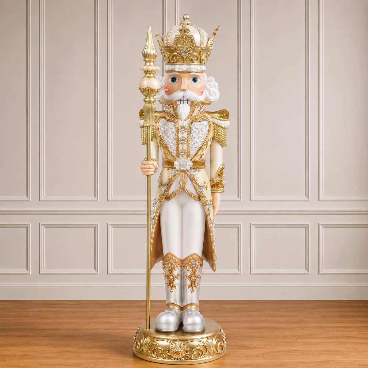 Decorative nutcracker figure with gold and white attire against a neutral wall.