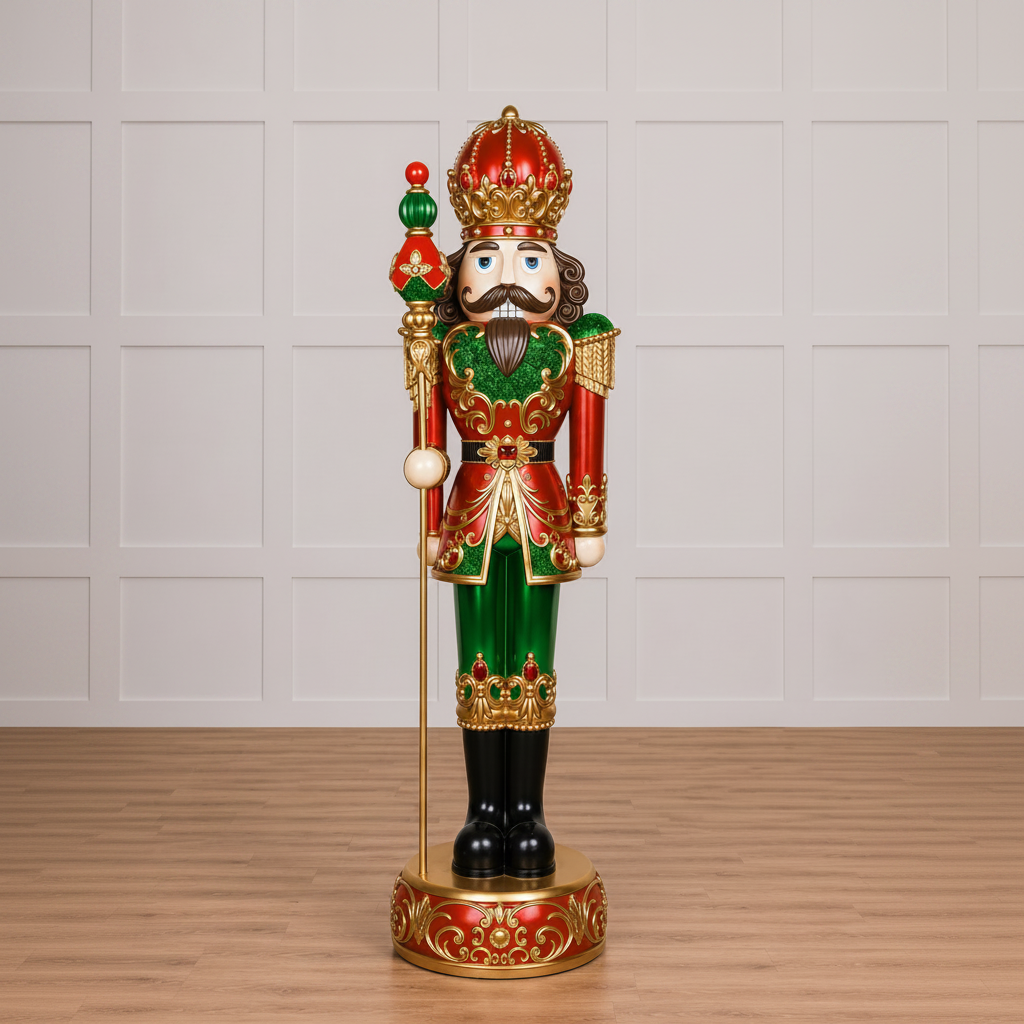 Decorative nutcracker figurine with a crown on a wooden floor.